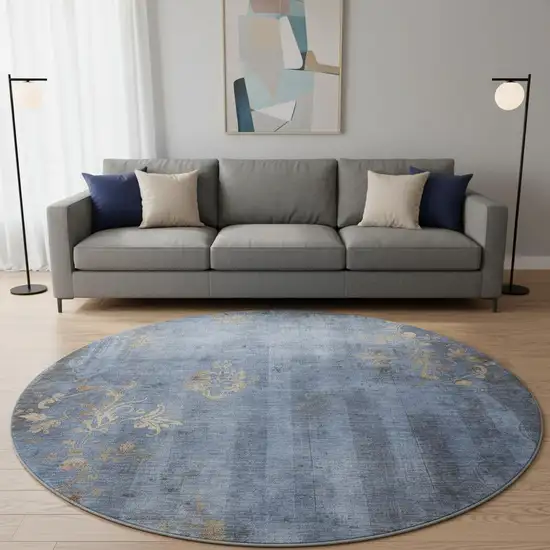 8' Denim Blue And Beige Floral Washable Round Rug With UV Protection Photo 2