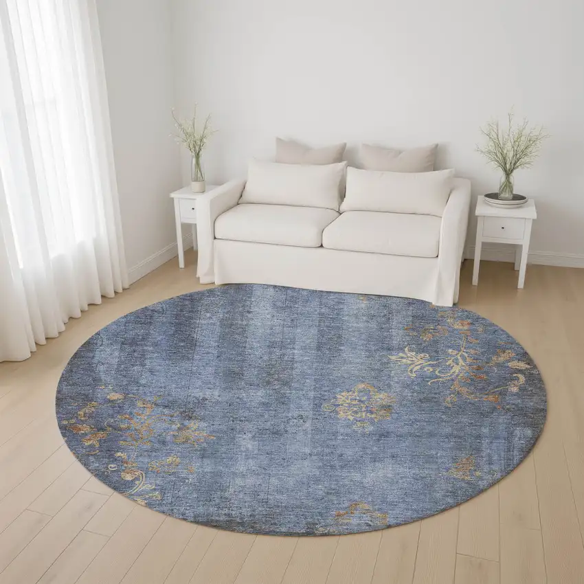 8' Denim Blue And Beige Floral Washable Round Rug With UV Protection Photo 3