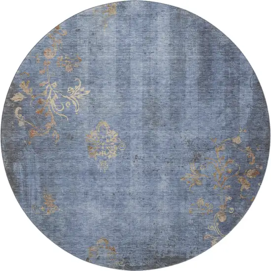 8' Denim Blue And Beige Floral Washable Round Rug With UV Protection Photo 2