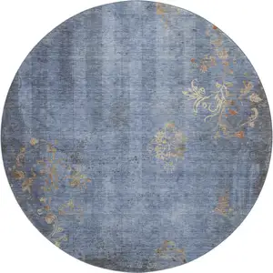 Photo of 8' Denim Blue And Beige Floral Washable Round Rug With UV Protection
