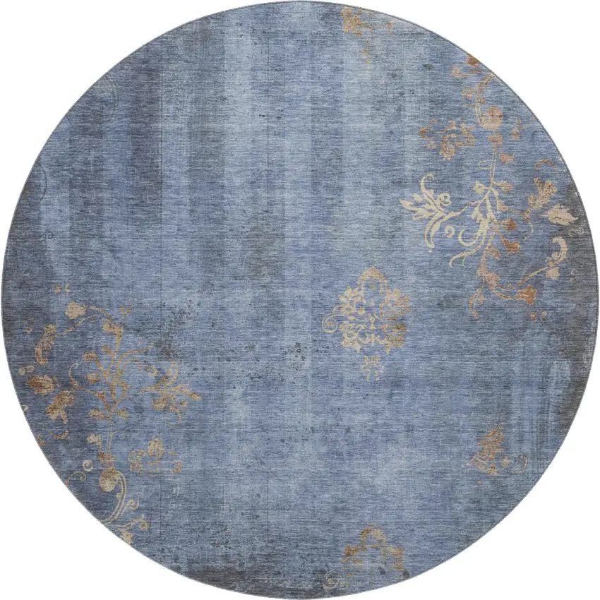 8' Denim Blue And Beige Floral Washable Round Rug With UV Protection Photo 1