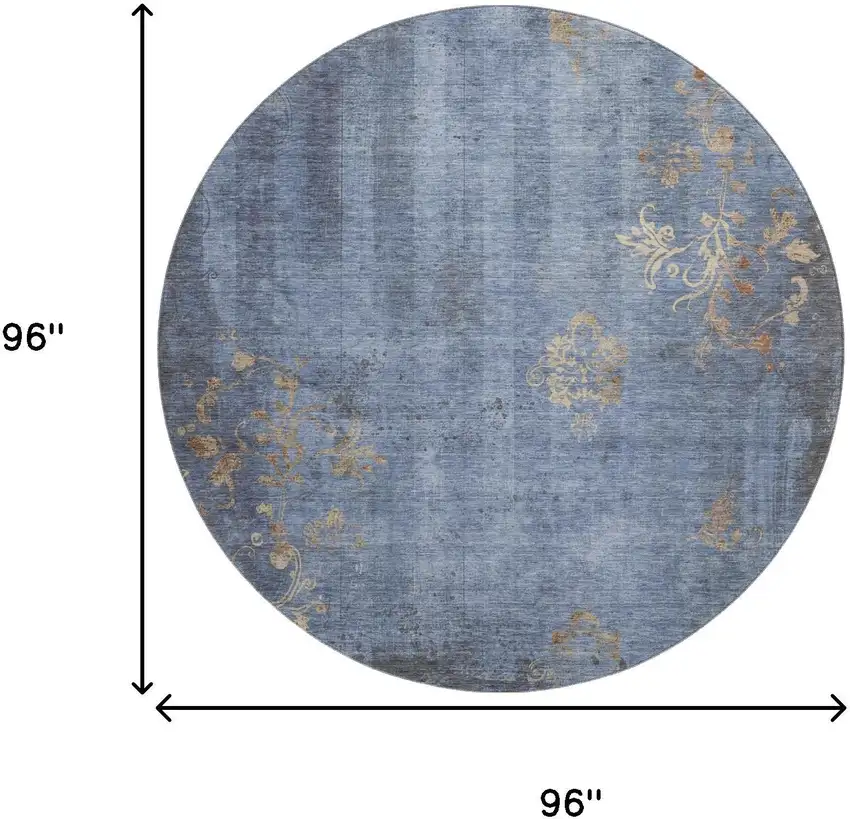 8' Denim Blue And Beige Floral Washable Round Rug With UV Protection Photo 8