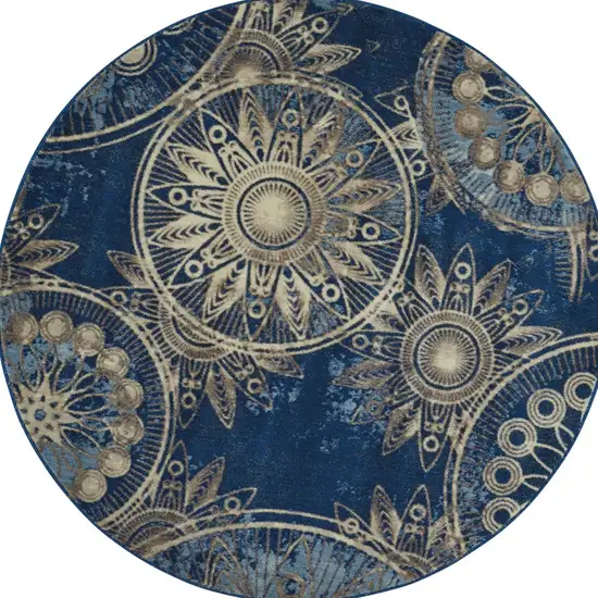 6' Denim Blue And Beige Medallion Non Skid Round Rug Photo 3