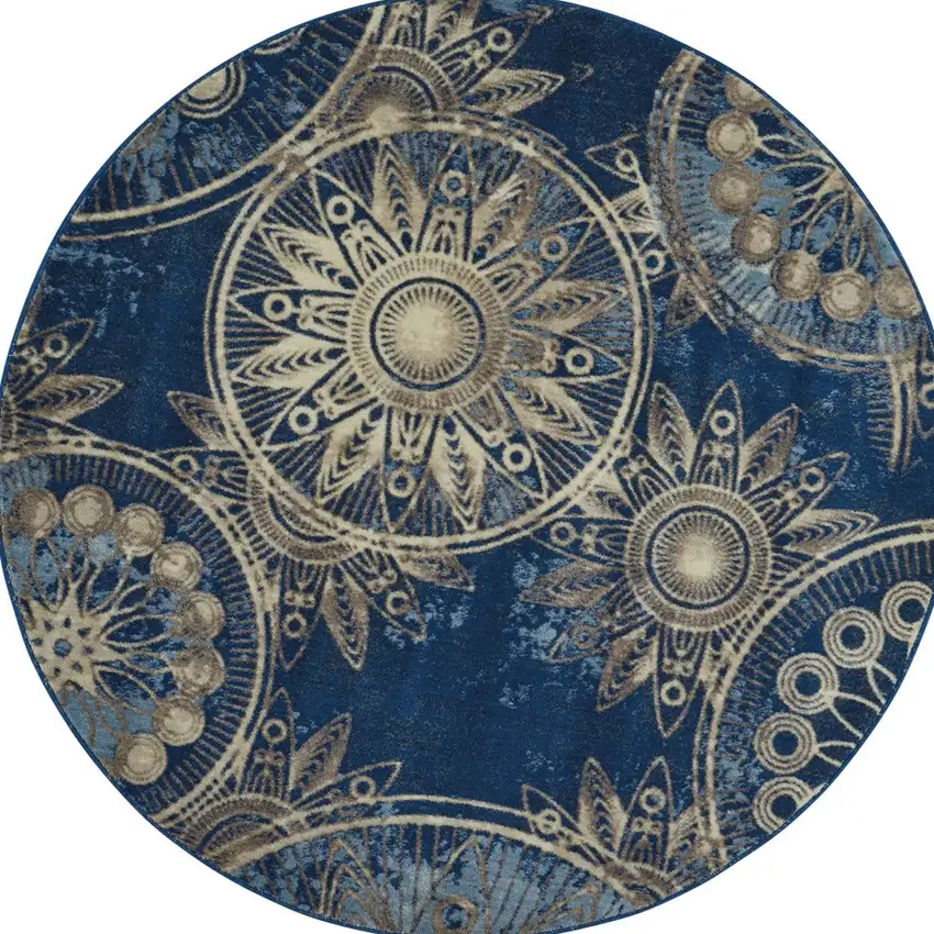 6' Denim Blue And Beige Medallion Non Skid Round Rug Photo 3