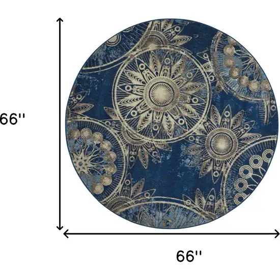 6' Denim Blue And Beige Medallion Non Skid Round Rug Photo 3