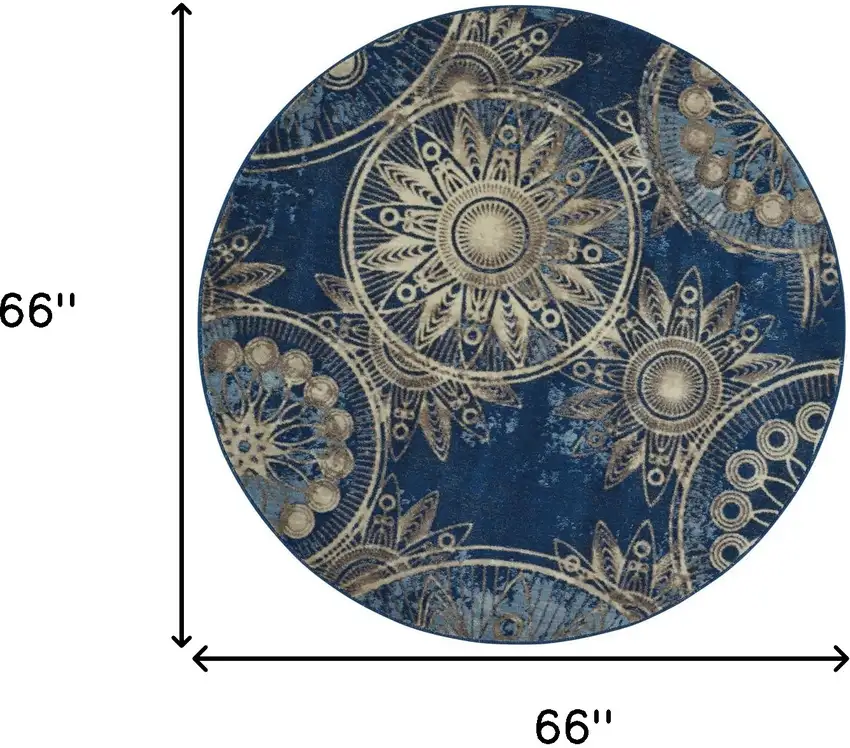 6' Denim Blue And Beige Medallion Non Skid Round Rug Photo 3