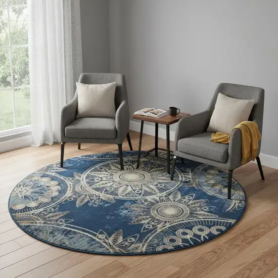 6' Denim Blue And Beige Medallion Non Skid Round Rug Photo 1