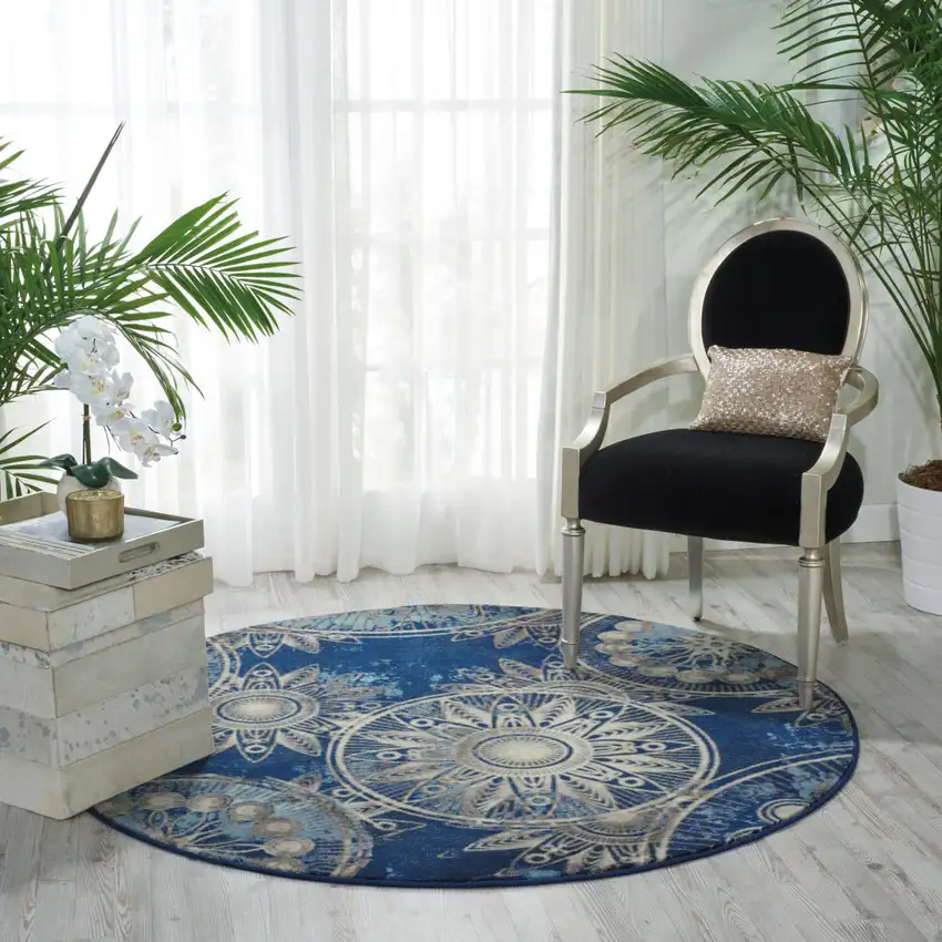 6' Denim Blue And Beige Medallion Non Skid Round Rug Photo 5