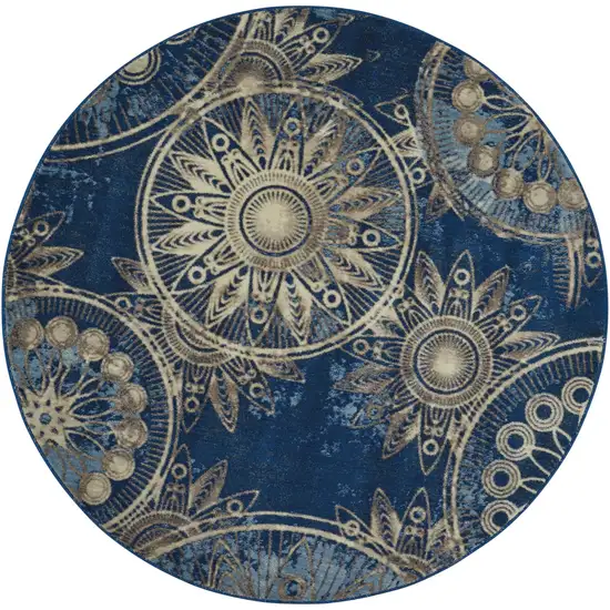 6' Denim Blue And Beige Medallion Non Skid Round Rug Photo 4