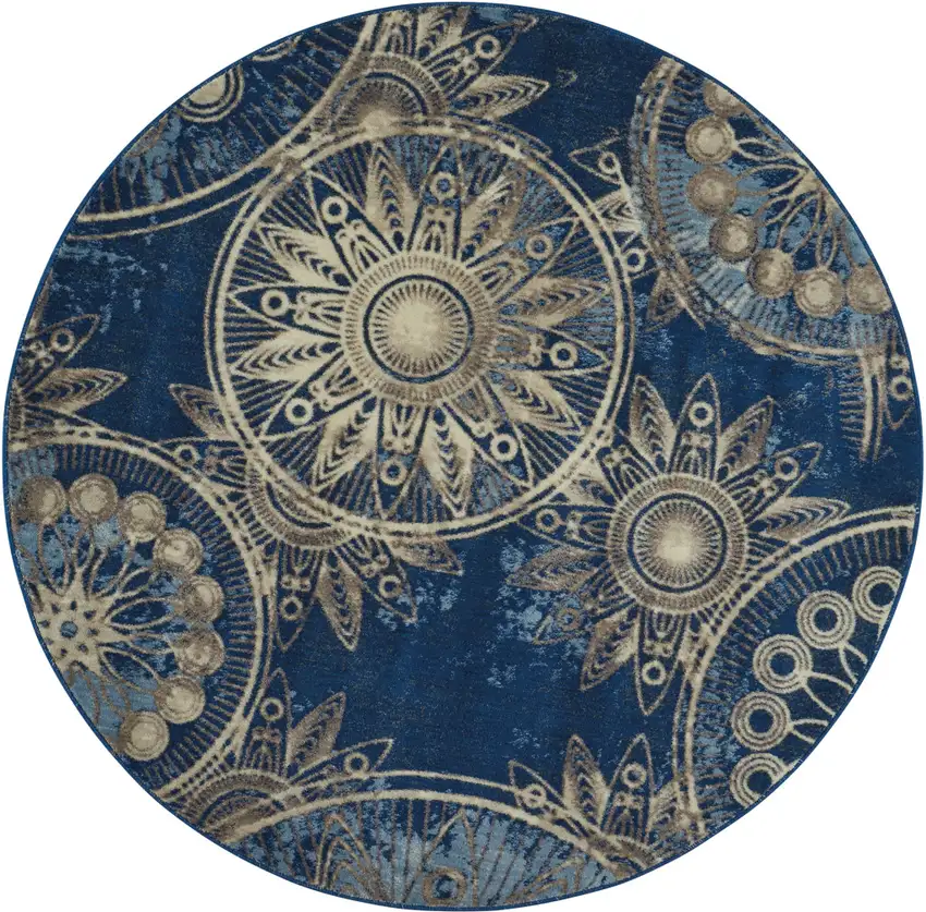 6' Denim Blue And Beige Medallion Non Skid Round Rug Photo 4
