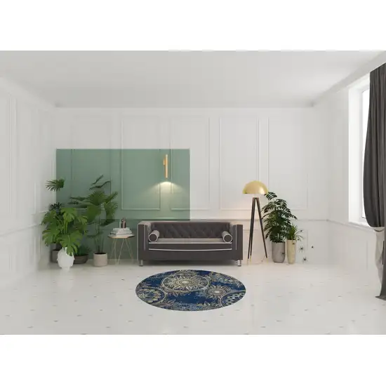 6' Denim Blue And Beige Medallion Non Skid Round Rug Photo 1