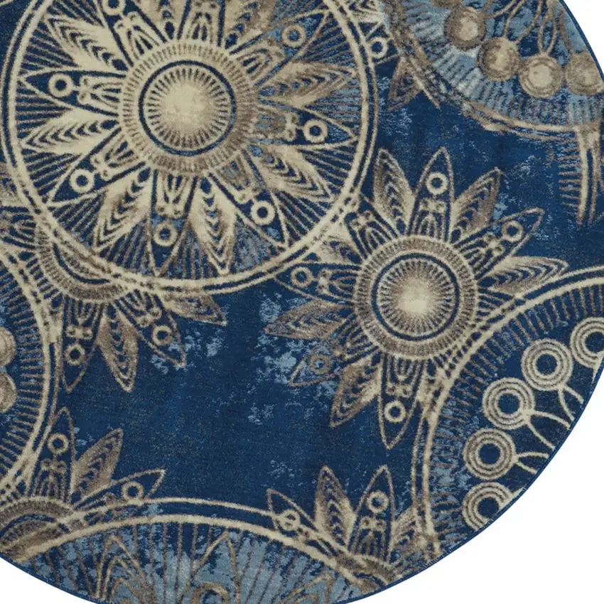 6' Denim Blue And Beige Medallion Non Skid Round Rug Photo 6