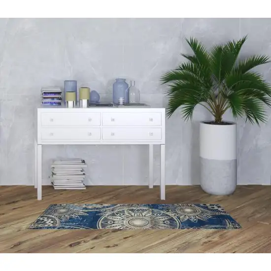 6' Denim Blue And Beige Medallion Non Skid Runner Rug Photo 1