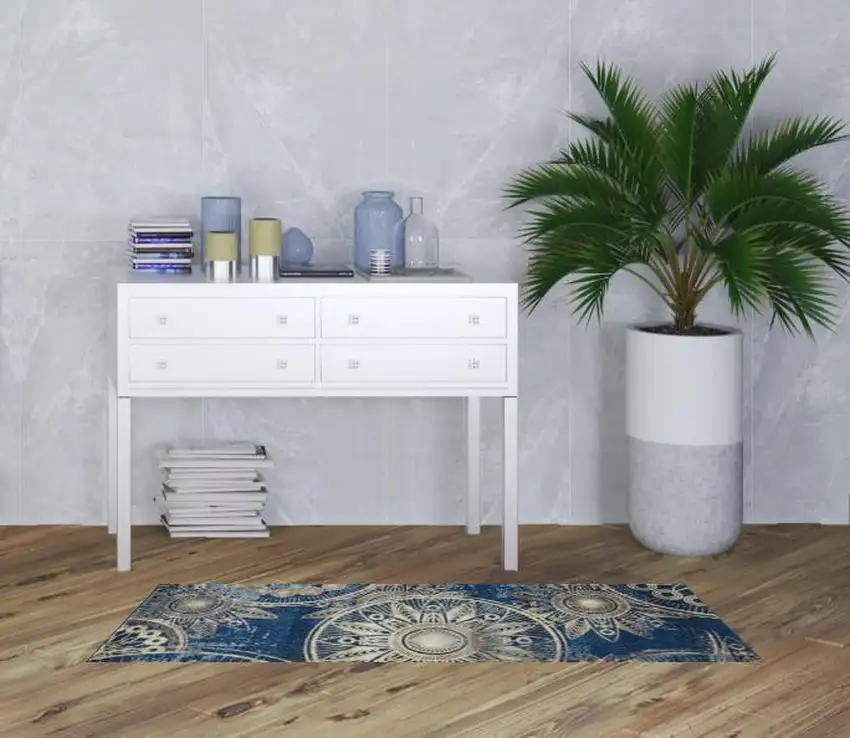 6' Denim Blue And Beige Medallion Non Skid Runner Rug Photo 1