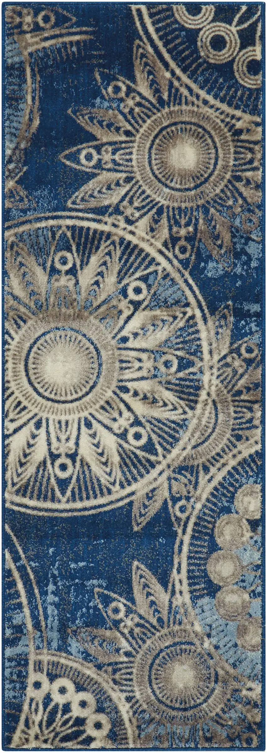 6' Denim Blue And Beige Medallion Non Skid Runner Rug Photo 4