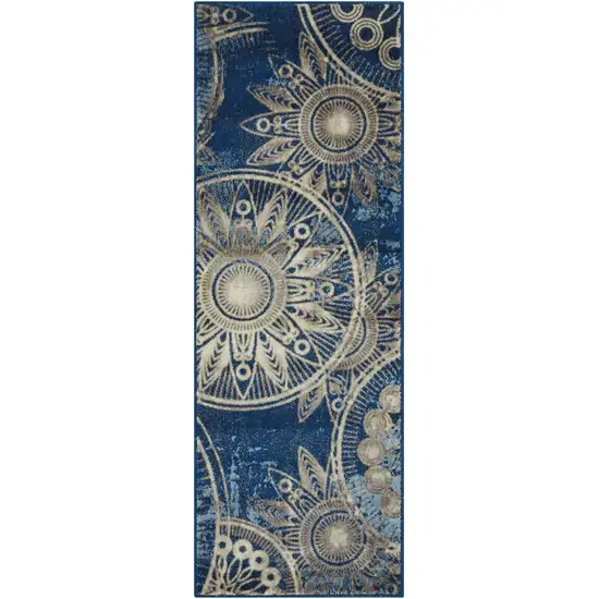 6' Denim Blue And Beige Medallion Non Skid Runner Rug Photo 4