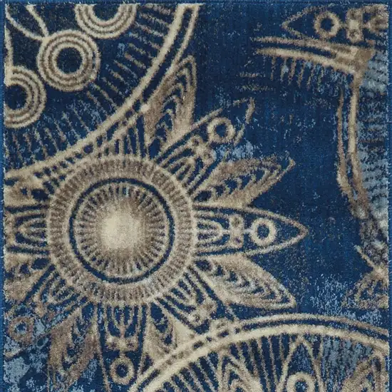 6' Denim Blue And Beige Medallion Non Skid Runner Rug Photo 3