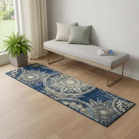 6' Denim Blue And Beige Medallion Non Skid Runner Rug Photo 1