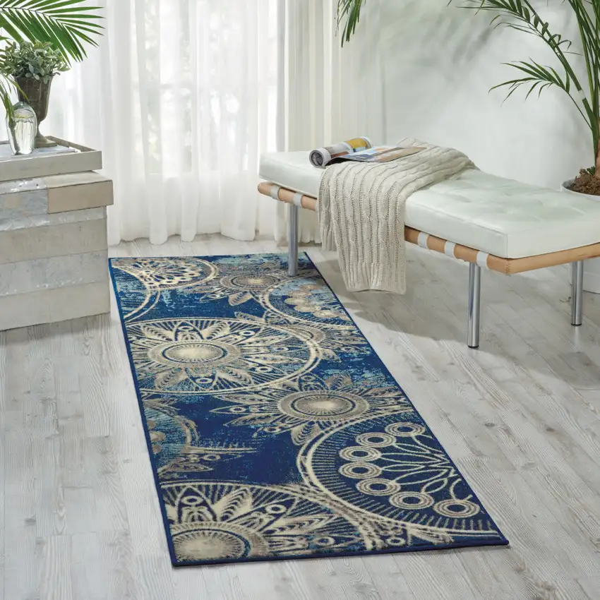 6' Denim Blue And Beige Medallion Non Skid Runner Rug Photo 5