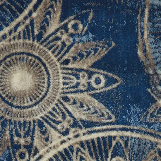 6' Denim Blue And Beige Medallion Non Skid Runner Rug Photo 6