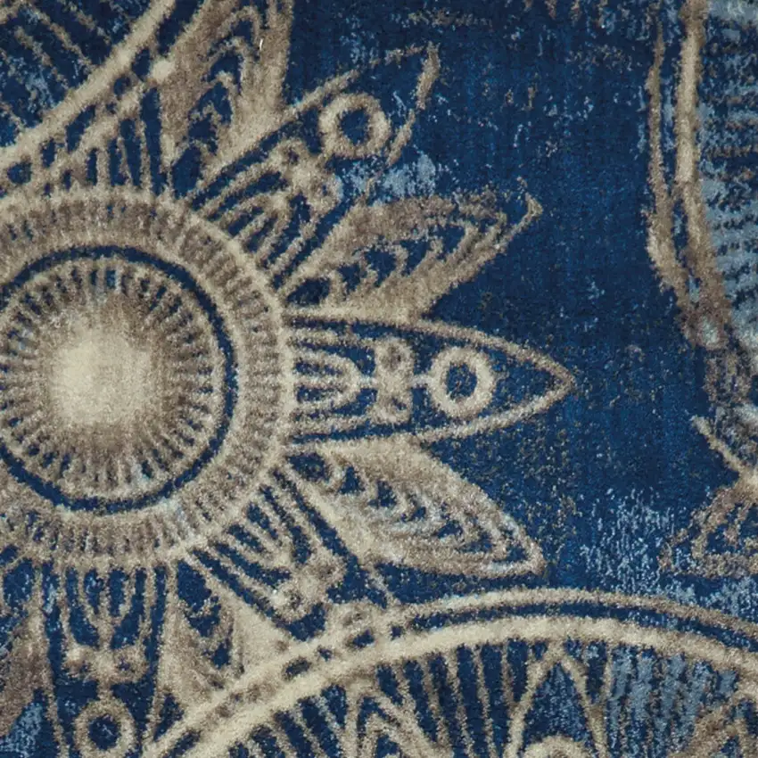 6' Denim Blue And Beige Medallion Non Skid Runner Rug Photo 6