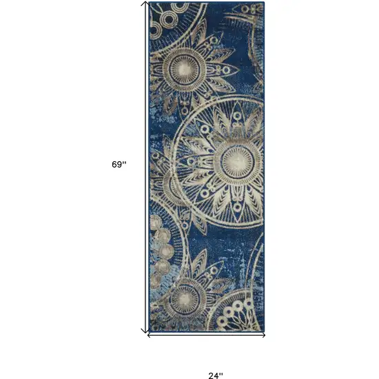 6' Denim Blue And Beige Medallion Non Skid Runner Rug Photo 3