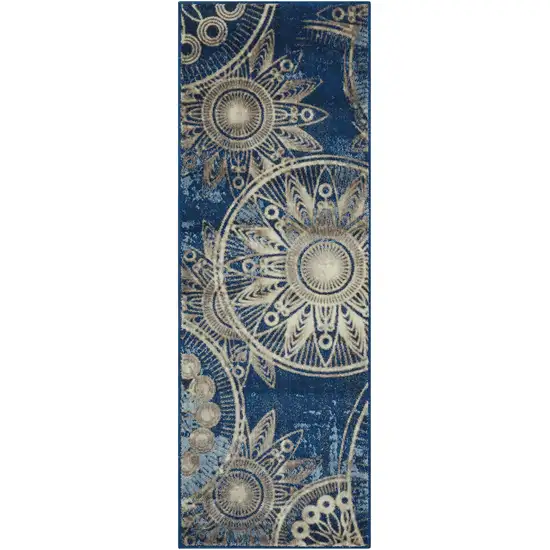 6' Denim Blue And Beige Medallion Non Skid Runner Rug Photo 2