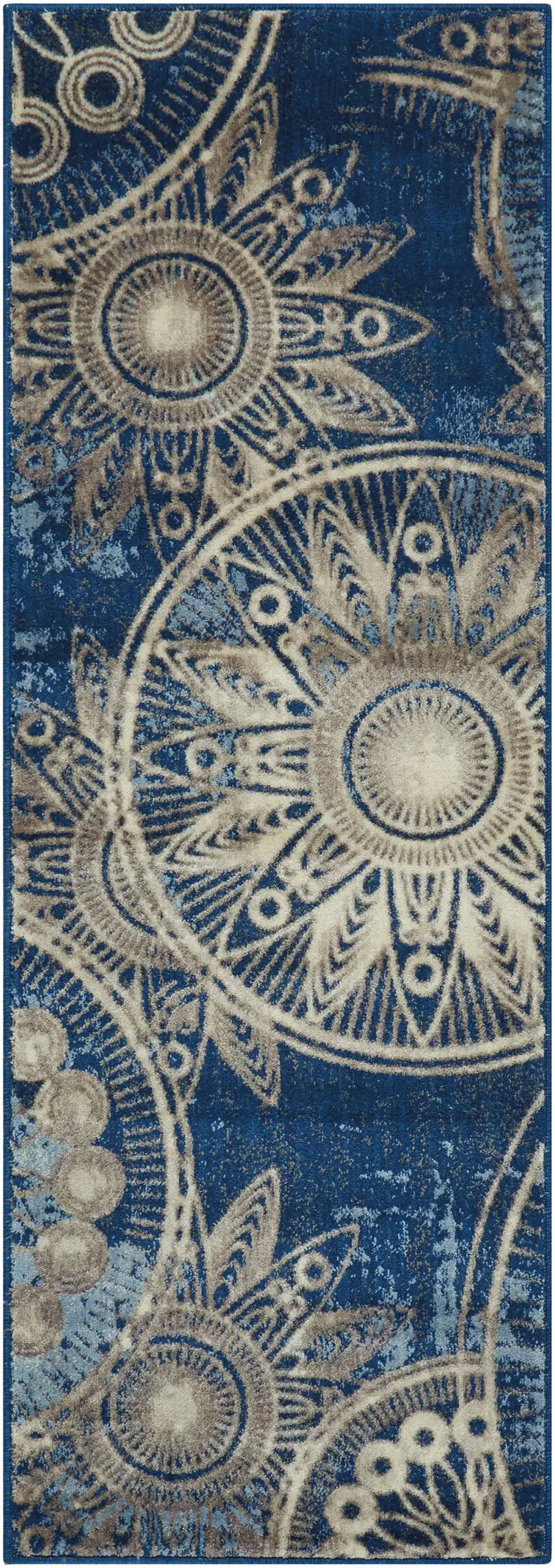 6' Denim Blue And Beige Medallion Non Skid Runner Rug Photo 2