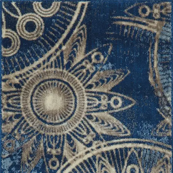 6' Denim Blue And Beige Medallion Non Skid Runner Rug Photo 7