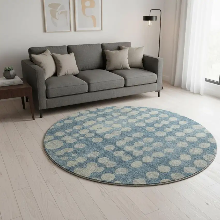 8' Denim Blue And Beige Polka Dot Washable Round Rug With UV Protection Photo 2