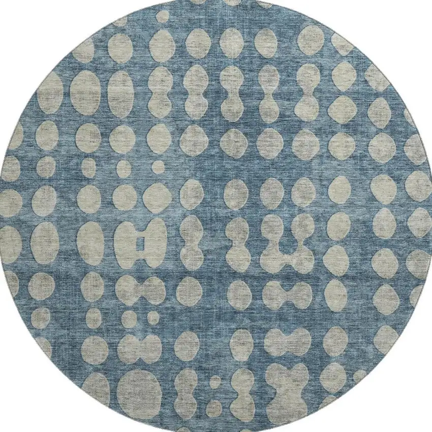 8' Denim Blue And Beige Polka Dot Washable Round Rug With UV Protection Photo 4