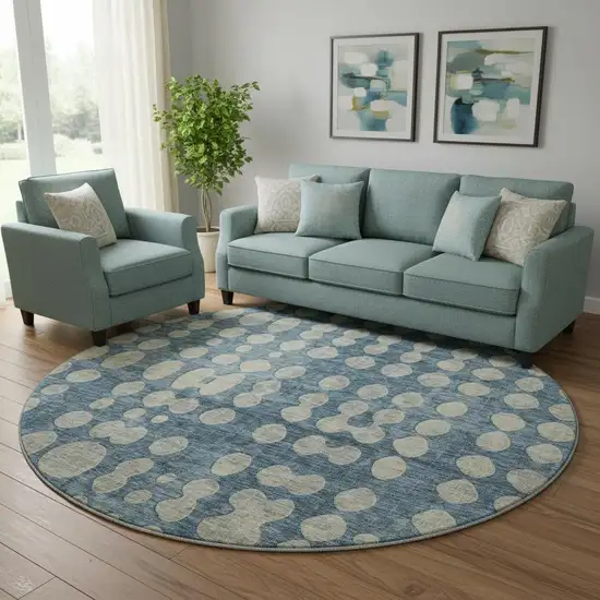 8' Denim Blue And Beige Polka Dot Washable Round Rug With UV Protection Photo 1
