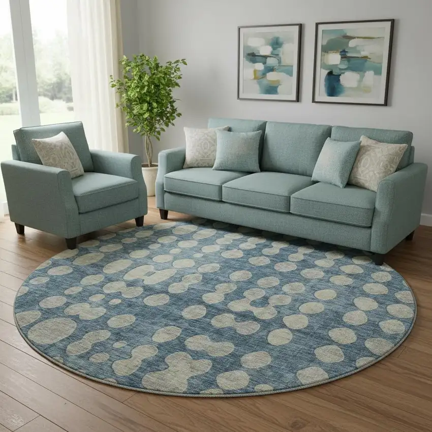 8' Denim Blue And Beige Polka Dot Washable Round Rug With UV Protection Photo 1