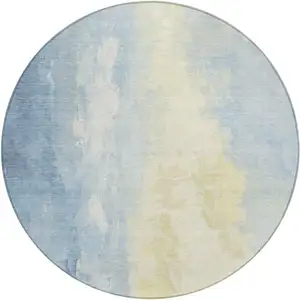Photo of 8' Denim Blue And Beige Round Abstract Washable Indoor Outdoor Area Rug