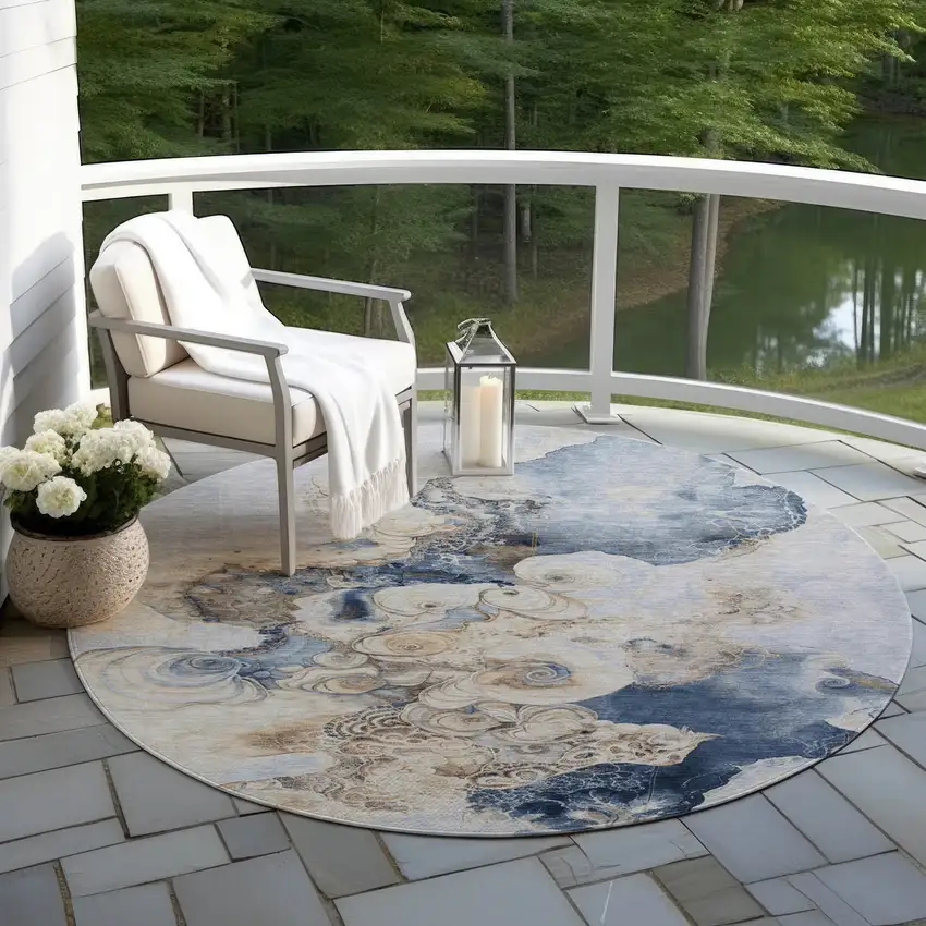 8' Denim Blue And Beige Round Abstract Washable Indoor Outdoor Area Rug Photo 5