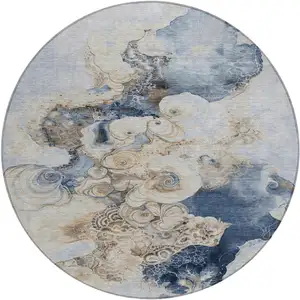 Photo of 8' Denim Blue And Beige Round Abstract Washable Indoor Outdoor Area Rug