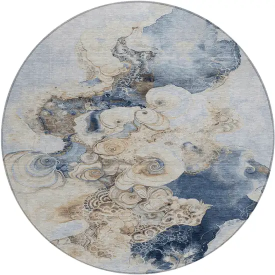 8' Denim Blue And Beige Round Abstract Washable Indoor Outdoor Area Rug Photo 1
