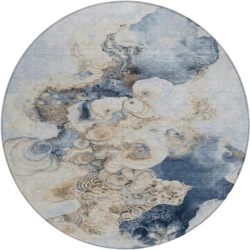8' Denim Blue And Beige Round Abstract Washable Indoor Outdoor Area Rug Photo 1