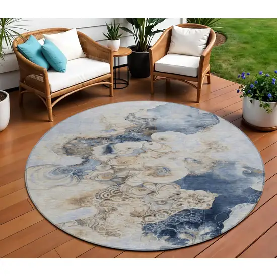 8' Denim Blue And Beige Round Abstract Washable Indoor Outdoor Area Rug Photo 2