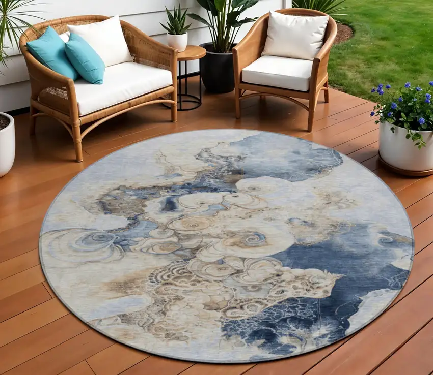 8' Denim Blue And Beige Round Abstract Washable Indoor Outdoor Area Rug Photo 2