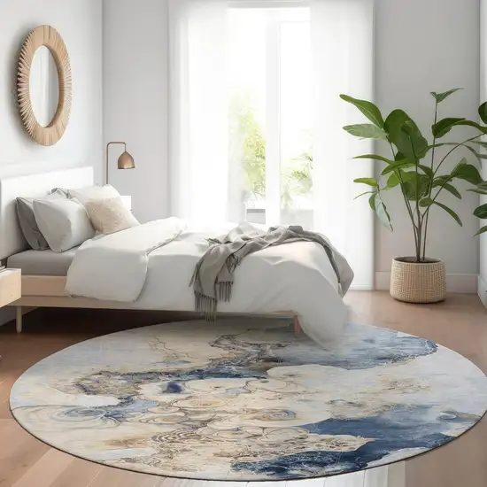 8' Denim Blue And Beige Round Abstract Washable Indoor Outdoor Area Rug Photo 6
