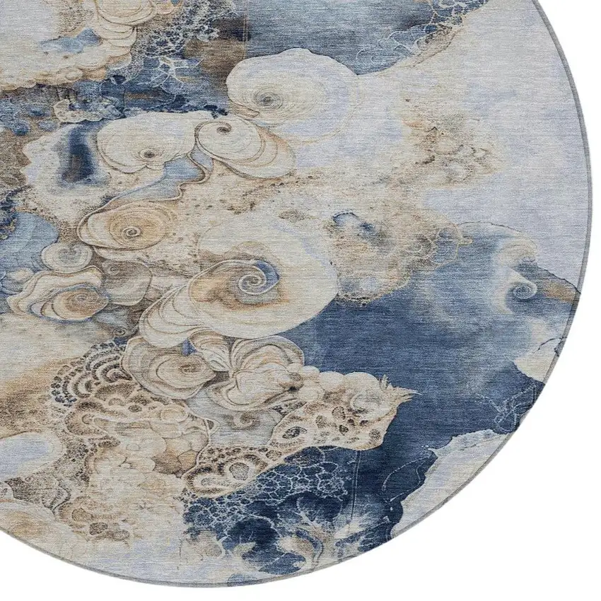 8' Denim Blue And Beige Round Abstract Washable Indoor Outdoor Area Rug Photo 4