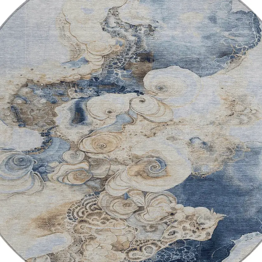 8' Denim Blue And Beige Round Abstract Washable Indoor Outdoor Area Rug Photo 8