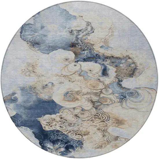 8' Denim Blue And Beige Round Abstract Washable Indoor Outdoor Area Rug Photo 3