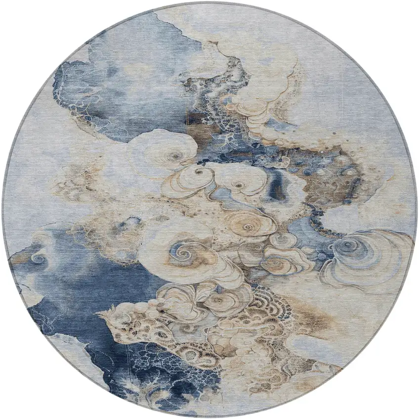 8' Denim Blue And Beige Round Abstract Washable Indoor Outdoor Area Rug Photo 3