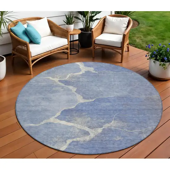 8' Denim Blue And Beige Round Abstract Washable Indoor Outdoor Area Rug Photo 2