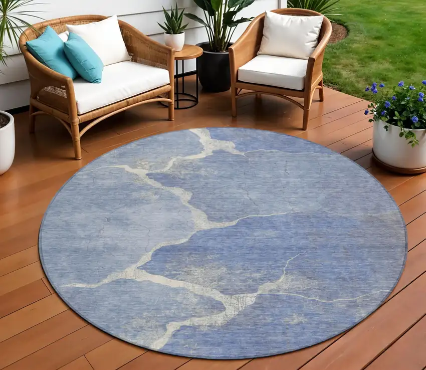 8' Denim Blue And Beige Round Abstract Washable Indoor Outdoor Area Rug Photo 2
