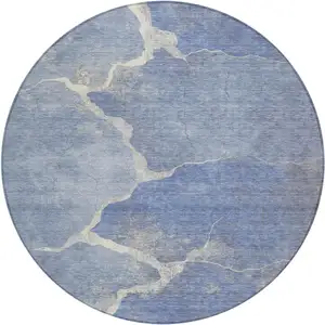 Photo of 8' Denim Blue And Beige Round Abstract Washable Indoor Outdoor Area Rug