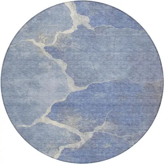 8' Denim Blue And Beige Round Abstract Washable Indoor Outdoor Area Rug Photo 1