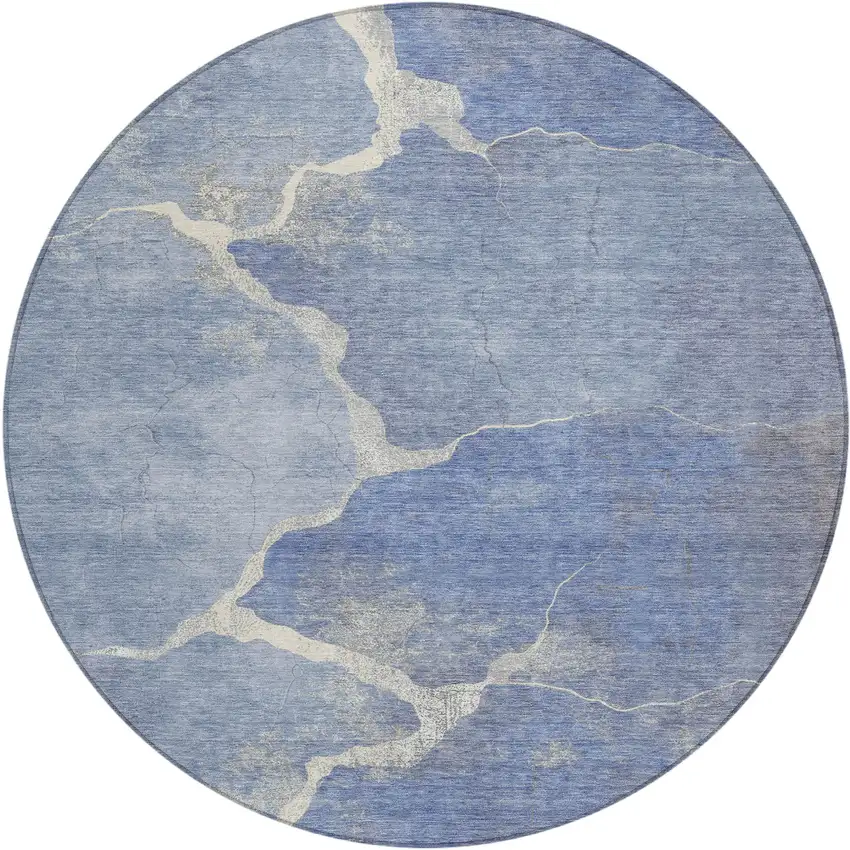 8' Denim Blue And Beige Round Abstract Washable Indoor Outdoor Area Rug Photo 1